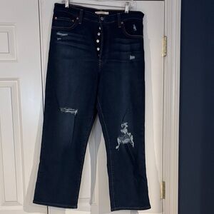 Levi's Midnight Blue Ribcage Straight Ankle Distressed Cropped Jeans